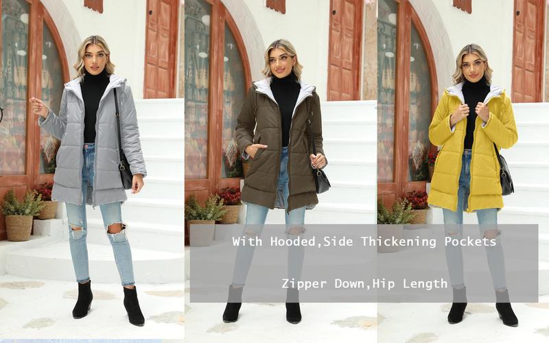 Danedvi Womens Warm Puffer Down Jacket Hooded Winter Lightweight Mid Quilted Coat with Pockets Tops Casual