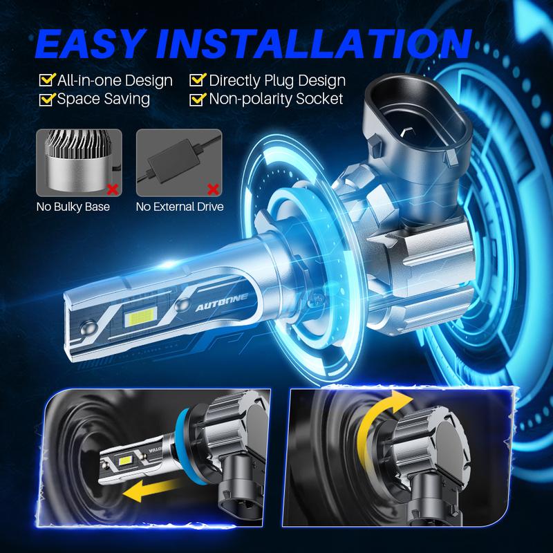AUTOONE H11 H8 H9 Bulbs Headlight Lights, 60W Super Bright 6000K Cool White Headliamps, 1:1 Design, Plug and Play, H8 H9 H16 LED Car Lights, E3 Series Pack of 2