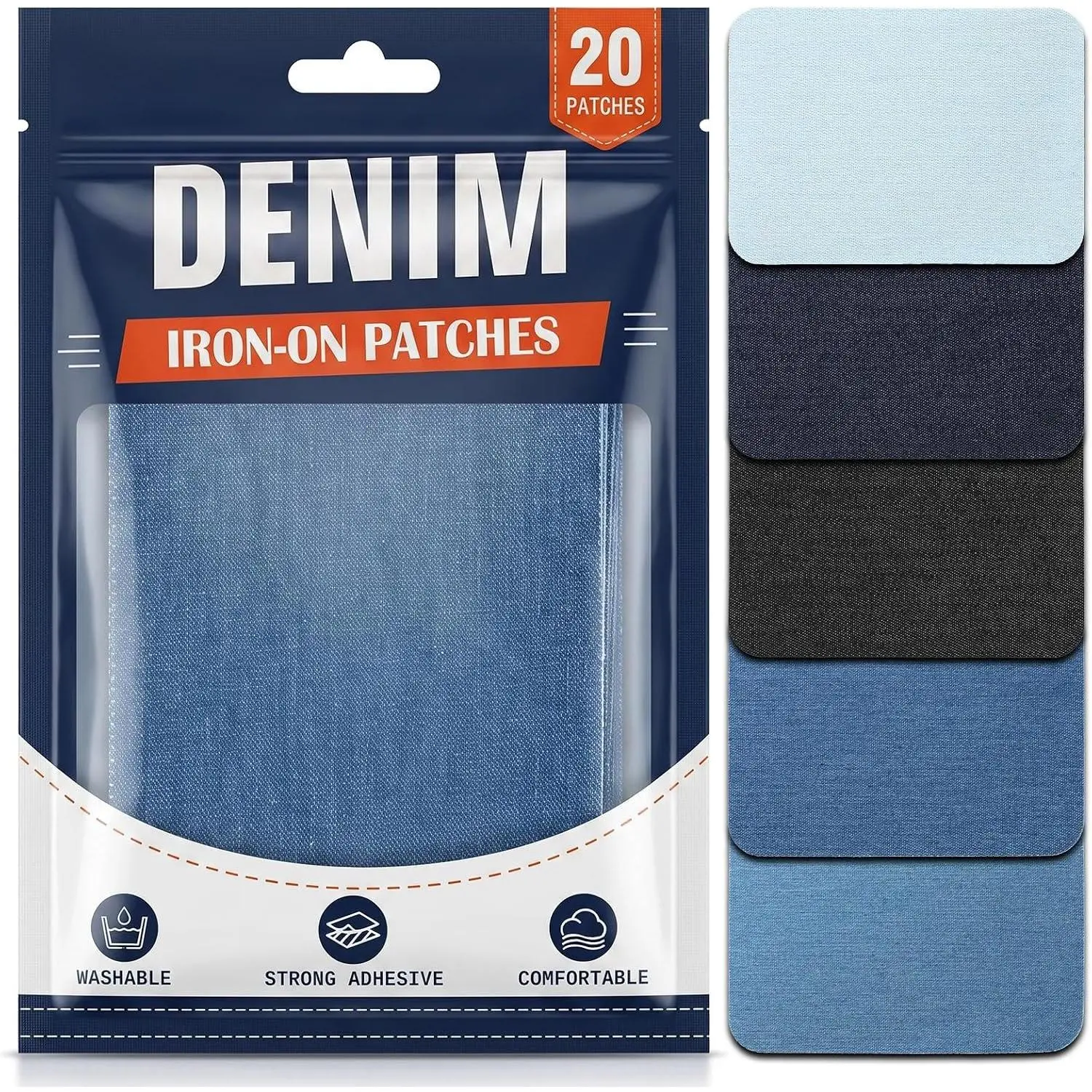 Iron  Patches for Jeans, 20 count Denim Patches for Inside Jeans, Fabric Repair Kit for Ripped Jeans, Pants, , Inner Thigh & , 5 Colors, 3" by 4-1/4"