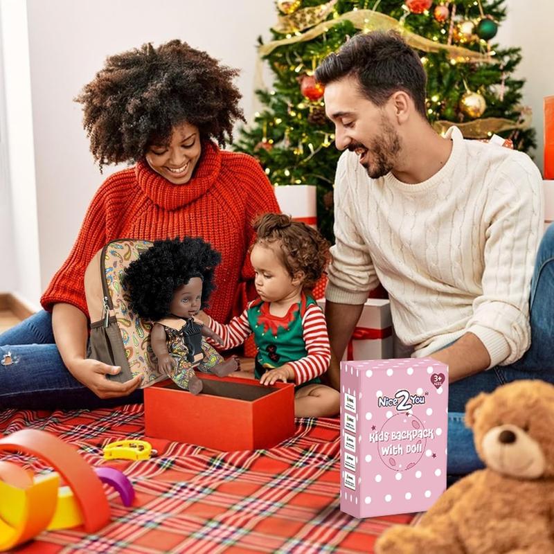 Nice2you Black Baby Doll with Backpack Carrier, 10in American African Doll for Girls Toddlers Aged 2+, Backpack for Baby Doll Accessories Storage, Perfect for 1 2 3 4 5 6 Years Old Kids