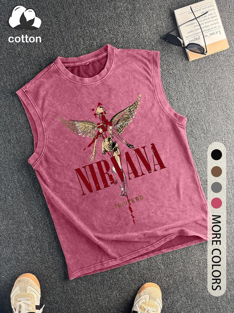 Dark angel print retro distressed men's vest, round neck, trendy sleeveless top, suitable for music lovers, men's summer wear.