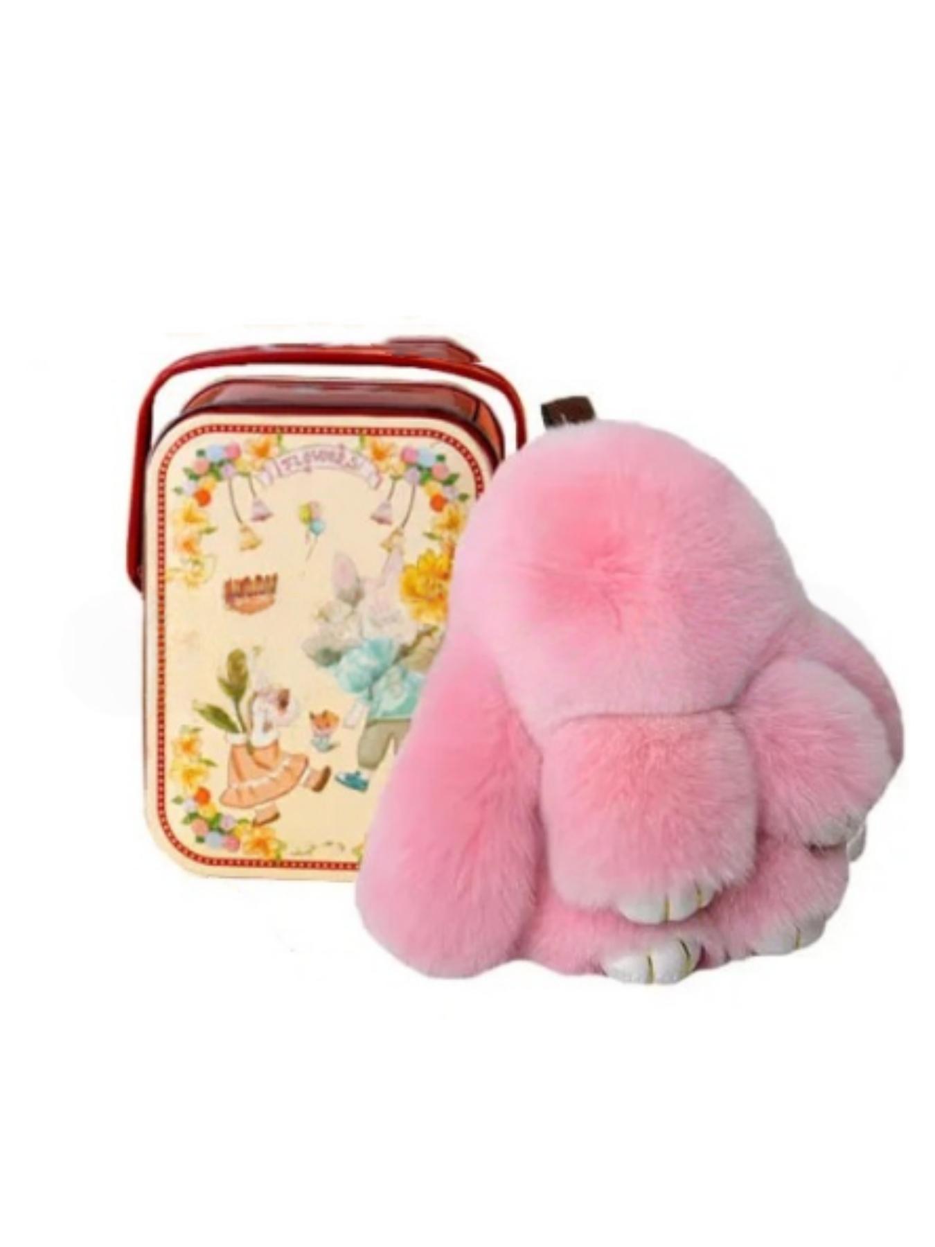 Handmade Rabbit Keychain with Design Tin Box, Creative Gift for Girls, Soft Fuzzy Bunny Pendant, Travel Accessory, Birthday Present