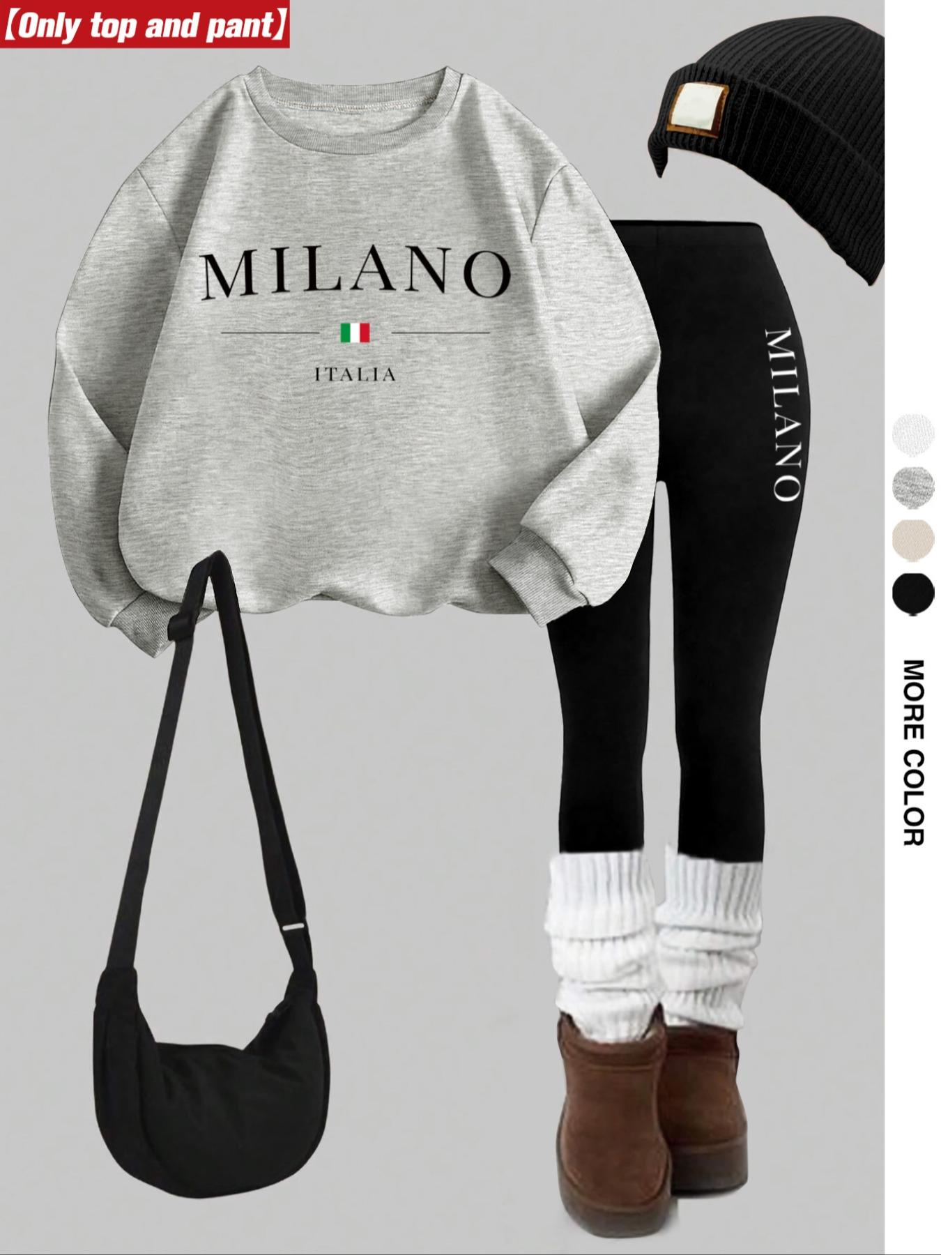 Women's 2-Piece Fitted Sweatshirt Set, Milano Letter Print, Round Neck Long Sleeve, Bottoms Pants, Casual Fall Winter