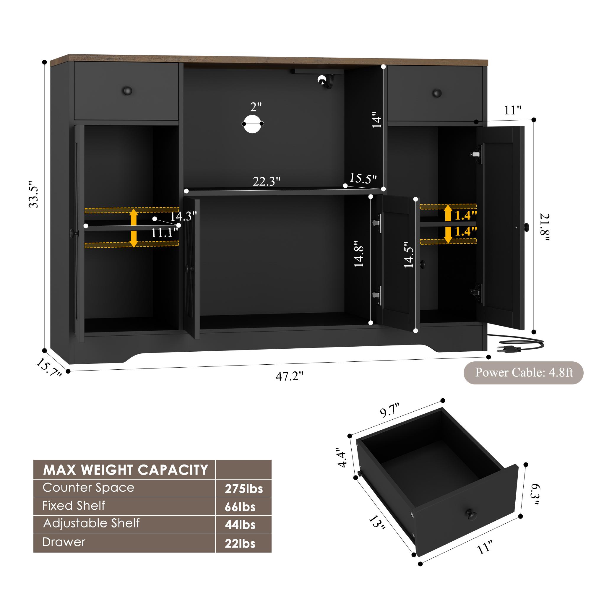 HOSTACK Microwave Cabinet with Charging Station, 47" W Kitchen Storage Cabinet with Microwave Stand, Modern Farmhouse Buffet Sideboard with Drawers and Shelves for Kitchen, Dining Room