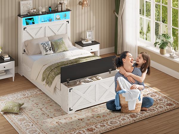 Hasuit Farmhouse Bed Frame Twin Size with Storage Headboard, Charging Station and LED Light, Wooden Twin Bed Frame with Storage Ottoman, Barn Door Design, No Box Spring Needed, No Noise