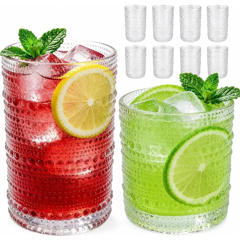 Vintage Hobnail Tumbler Set of 8 - 12oz Beer & 10oz Cocktail Glasses, Textured Drinking Cups for Home Bar Use, Boxed Home Supplies