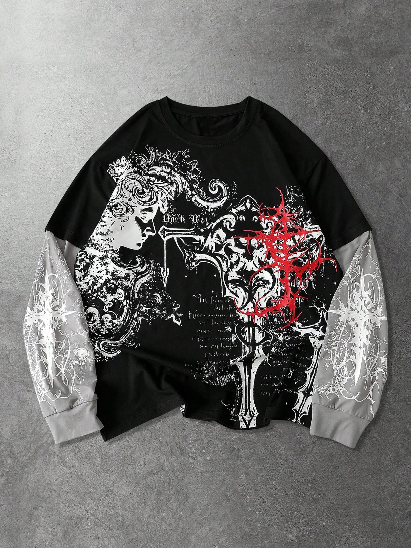 Oversized Gothic Graphic Long Sleeve Fitted T-Shirt - False Two