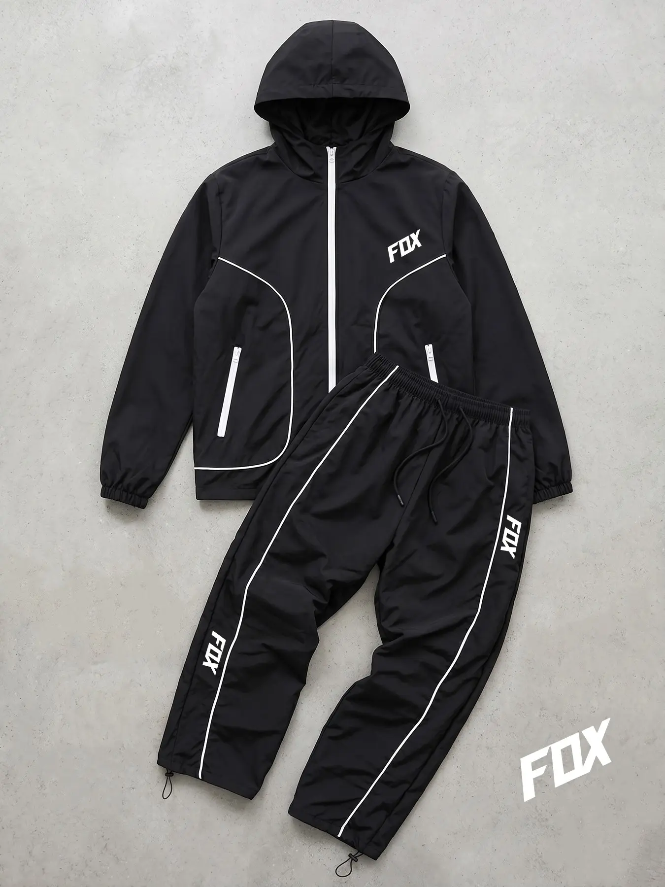 Fox Letter Print Outdoor Sporty Suit, Men's 2 Piece Tracksuit Set with Contrast Piping, Hooded Full Zip Windbreaker Jacket with Zipper Side Pocket, Quick Dry Athletic Jogger Pants with Adjustable Drawstring Ankle Cuffs, Letter Print Sportswear