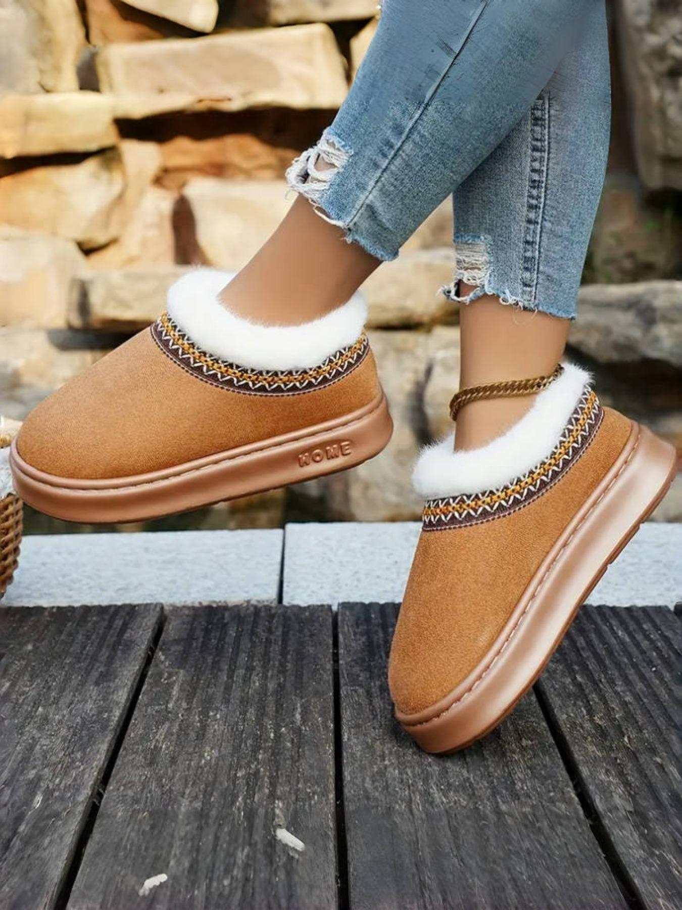 Women’s Slip-On Winter House Slippers Boots – Fluffy Snow Boots Thick Plush Lined Snow Slippers with Embroidered Ethnic Style Trim, Soft Warm Upper and Cushioned Insole, EVA Sole for Indoor & Outdoor Use, Stylish Classic Design for Home, Office & Gift