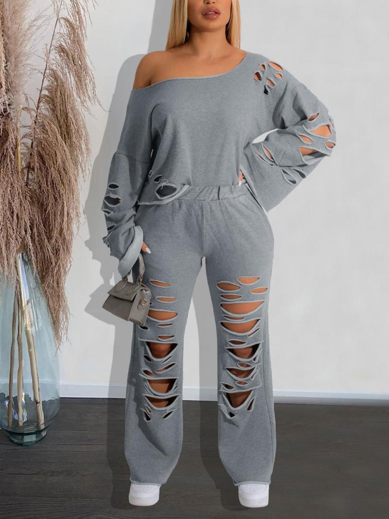 Women's Ripped Asymmetrical Neck Pullover & Wide Leg Pants Set, Solid Drop Shoulder Top & Ripped Trousers Set, Fashion Cozy Outfits for Daily Wear, Co-ord Sets for Women, Sweatsuit Set Outfit, Clothes