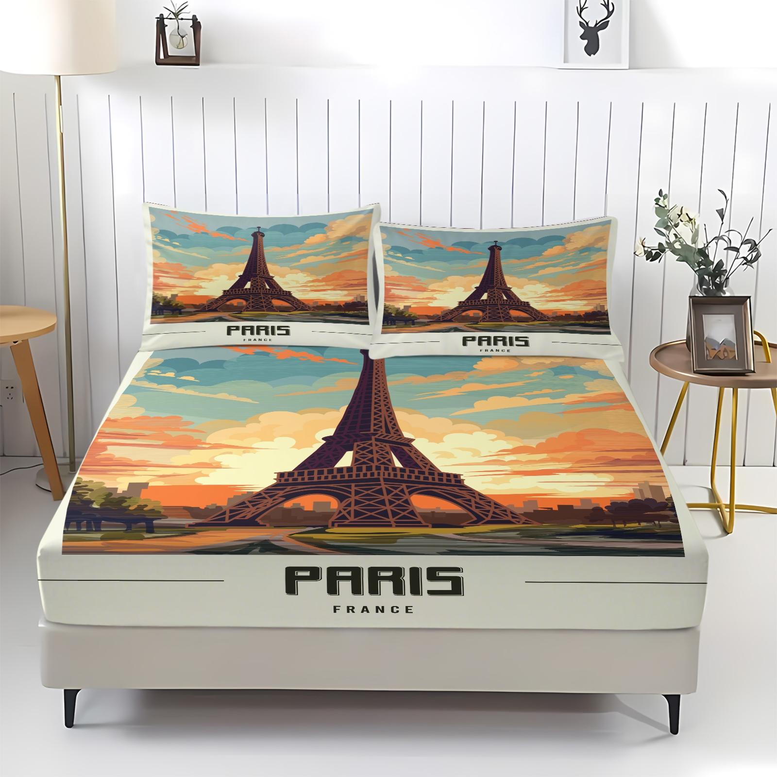 Paris Tower Print Bed Sheet Set, Comfortable Printed Pattern, Includes 1 Fitted Sheet & 2 Pillowcases, Anti-Slip Dustproof Cover