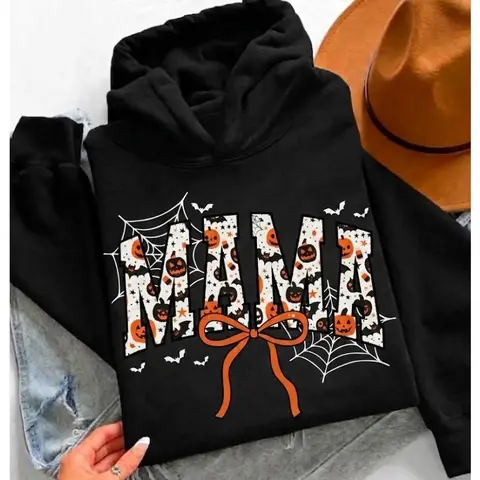 Women's Spooky Mama Pumpkin Bow Print Halloween Hoodie - Soft Cotton Loose Oversized Cut Tops, Breathable Knit, Hooded Neck, Short Sleeves, Retro Fall Coquette Pullover, Casual Sports Outerwear, Mom Holiday Gift