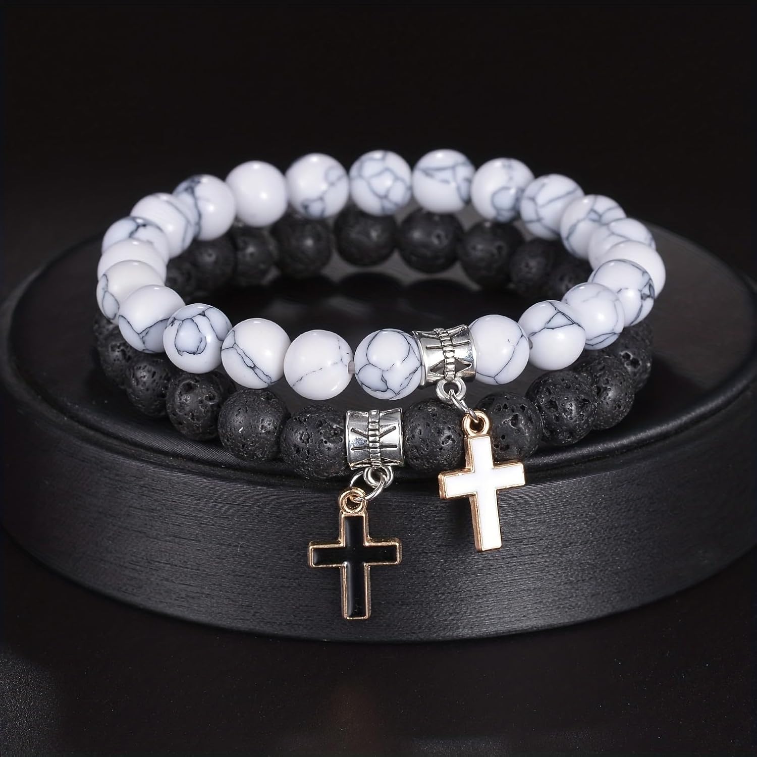 2 count Set Matte Lava Rock Beaded Couple Bracelet Black White 8mm Howlite Volcanic Stone Matching Beads Elastic  Pendant Stretch Bracelets Religion Charm BFF  for Women Men
