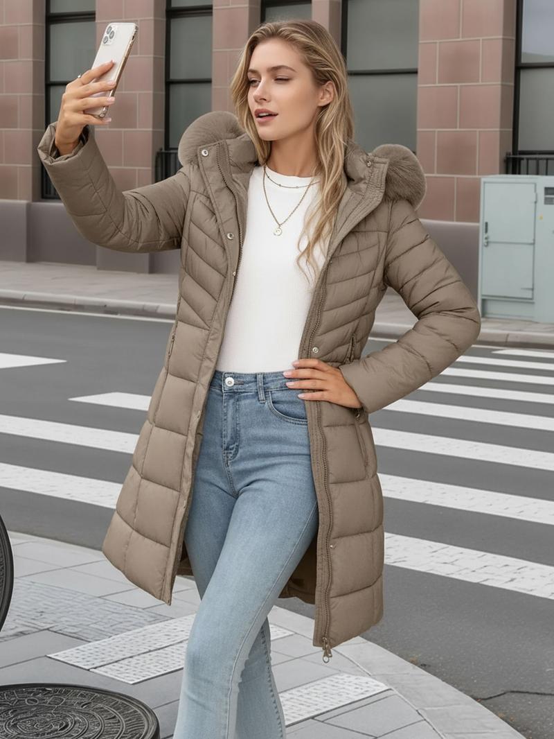 Women's Fall Winter Mid-Length Cotton Coat, Faux Fur Hood and Collar, Casual Fashion Outerwear with Side Pockets and Zipper Design, Quilted Puffer Coat