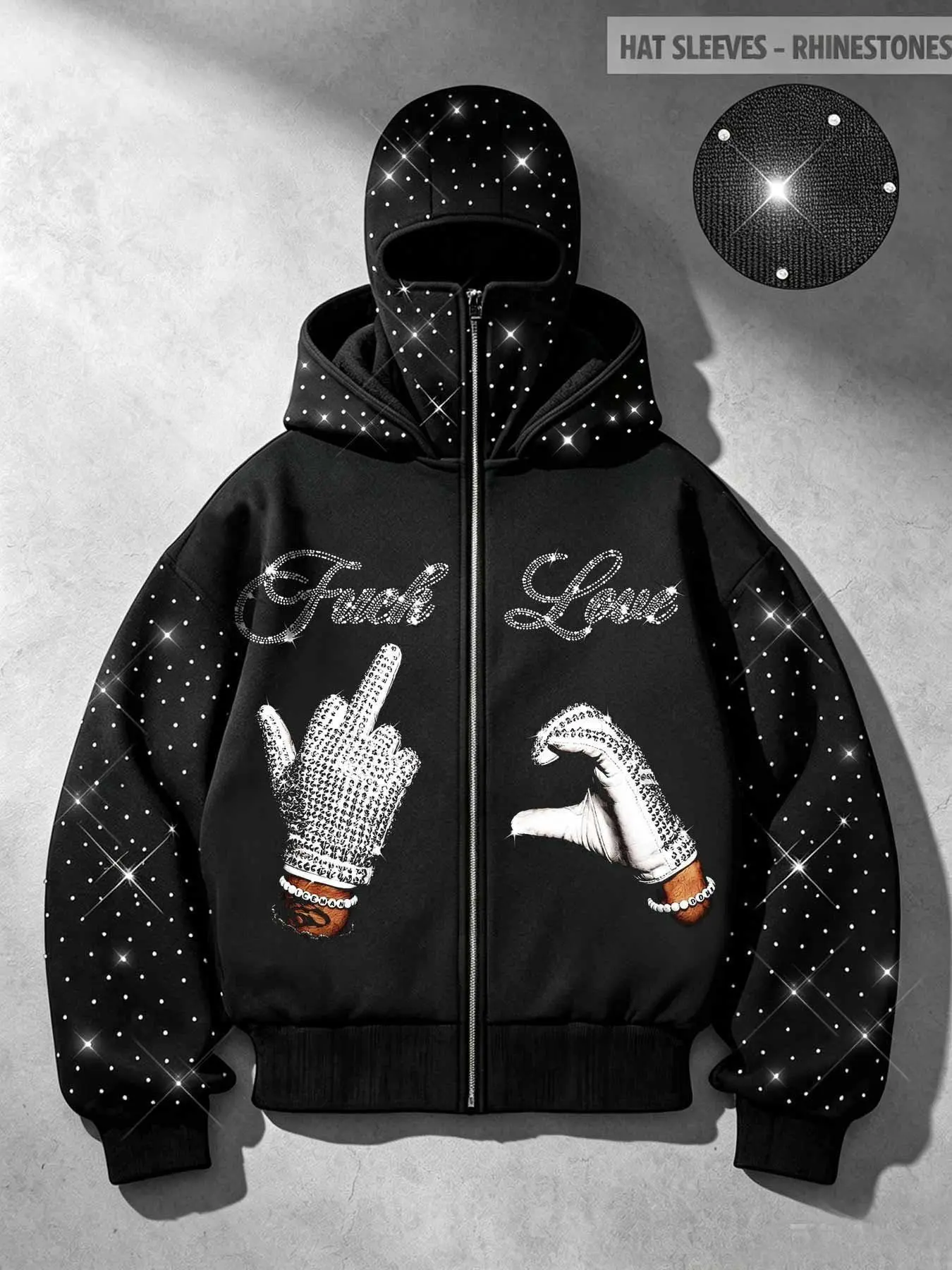 Y2K rhinestone balaclava hat men's zip-up cardigan hoodie, unisex style, sparkly diamond glove pattern warm fleece jacket, double-hooded hip-hop street style casual black sweatshirt.