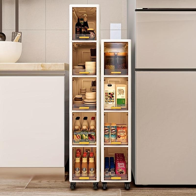 This is a multi-functional storage cabinet, available in 3, 4, or 5 tiers. It is designed to be dust-proof and foldable. Equipped with pull-out shelves and covered storage boxes, it is ideal for organizing snacks, clothes, and books.