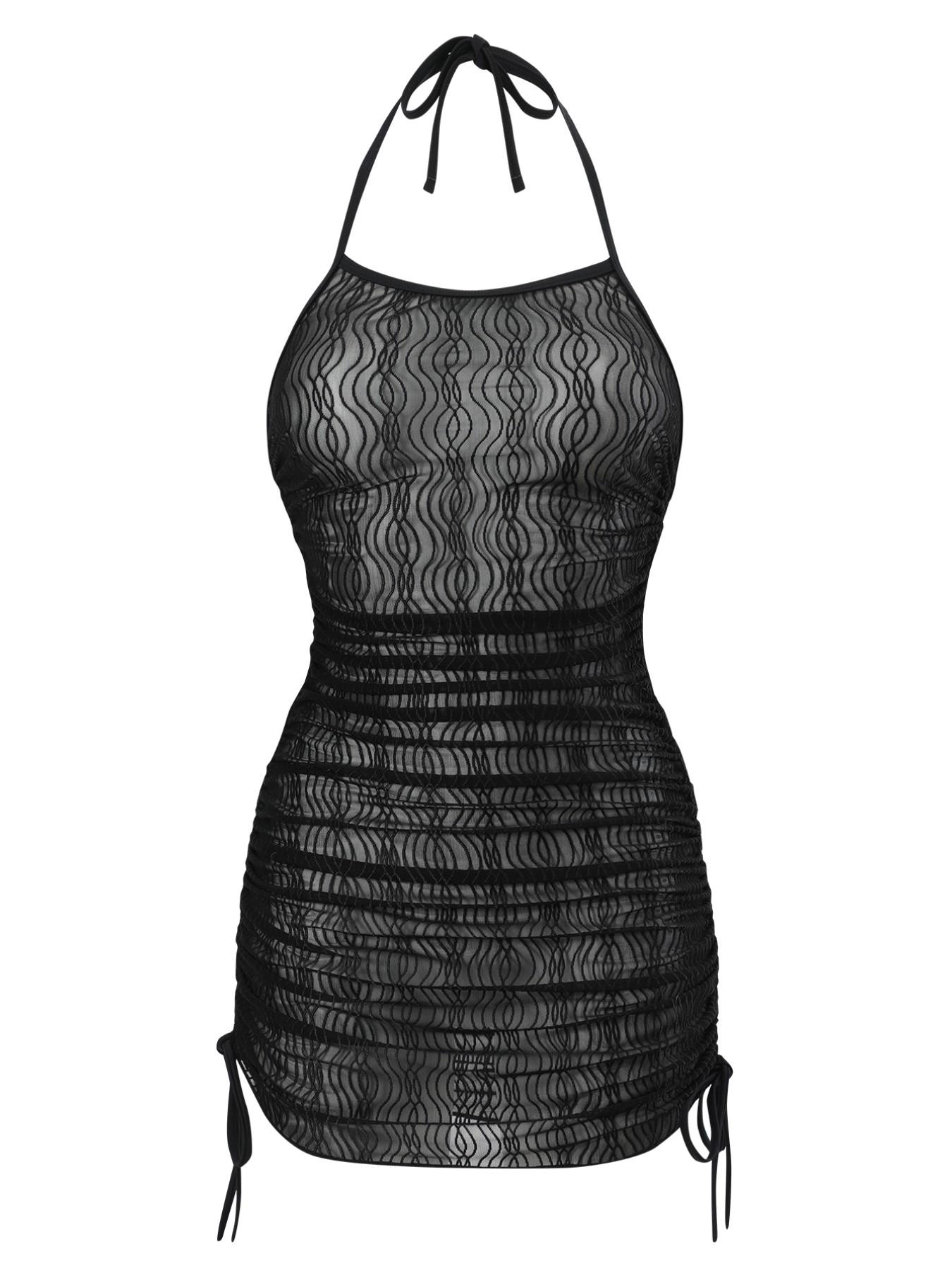 Summer Women's Transparent Halter Ruched Drawstring Tight Fit Vacation Sexy Beach Cover-Up, Sheer Cover Up, Stylish and Comfortable Summer Wear Swimsuit Cover Up, Swimwear Coverups