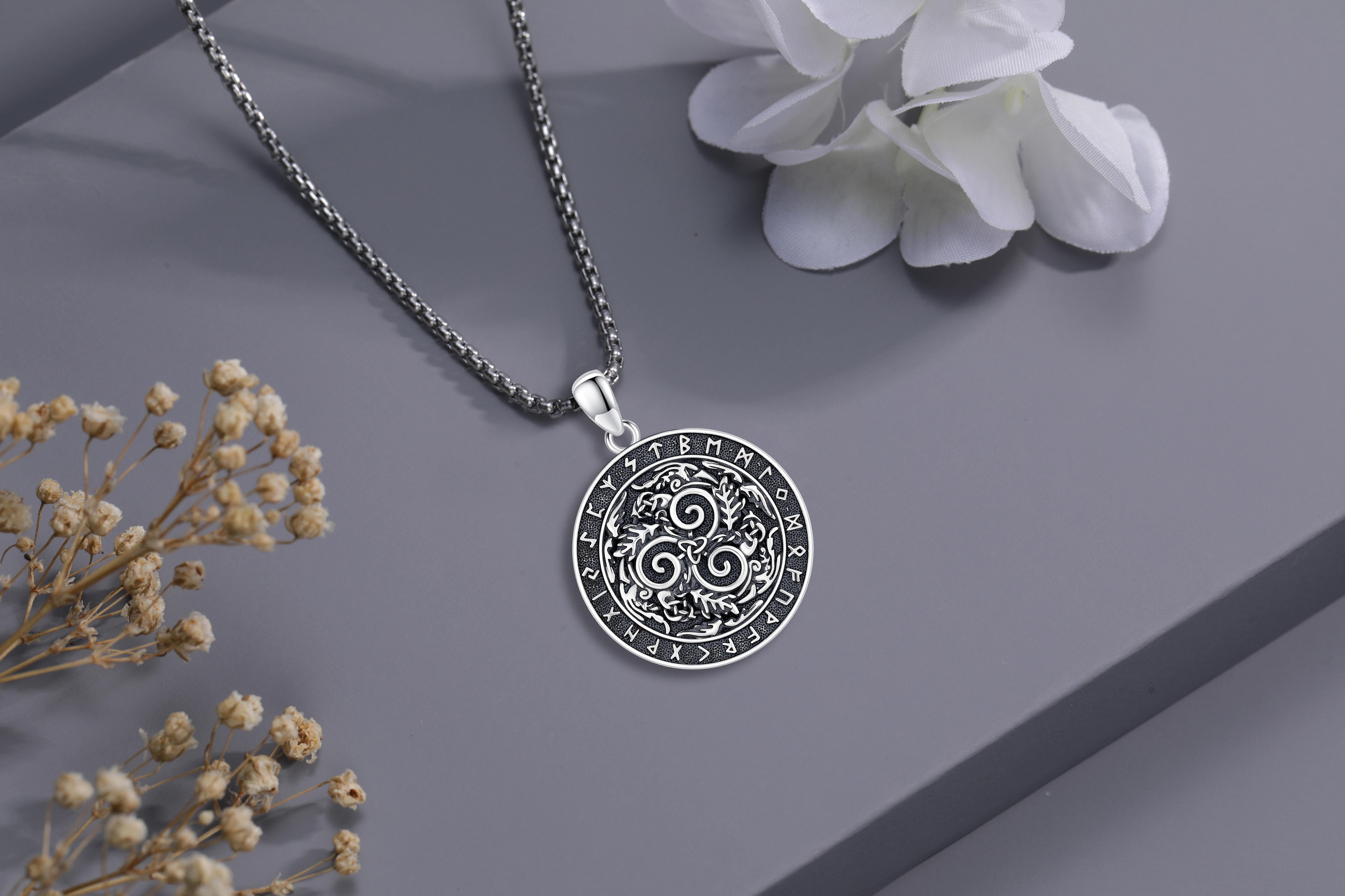 DRINSPER S925 Triskele-Horns of Odin Pendant Necklace, 925 Sterling Silver Pendant,  Viking Triskelion & Runes Design Pendant Necklace, Norse Mythology Jewelry