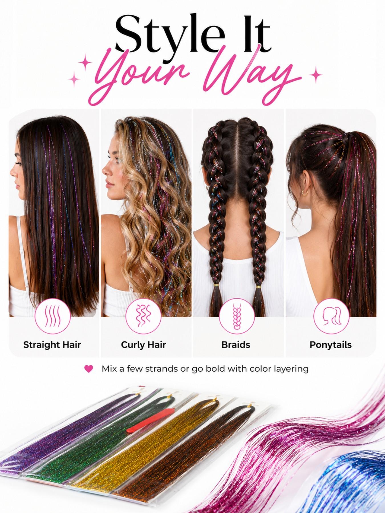 14pcs Glitter Colorful Clip On Hair Tinsel Kit,Synthetic Fiber Hair,20 Inch Clip In Hair Tinsel Extensions,Sparkle hair extensions,Clip-on Hair Pieces,clip in hair accessories,Cosplay Party Festival hair extensions