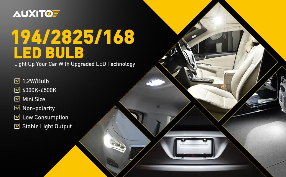 AUXITO 10× 6000K White LED T10 194 168 2825 W5W  Wedge 14-SMD Interior Car Bulbs Replacement for Dome Map Door Courtesy Trunk Parking License Plate Lights