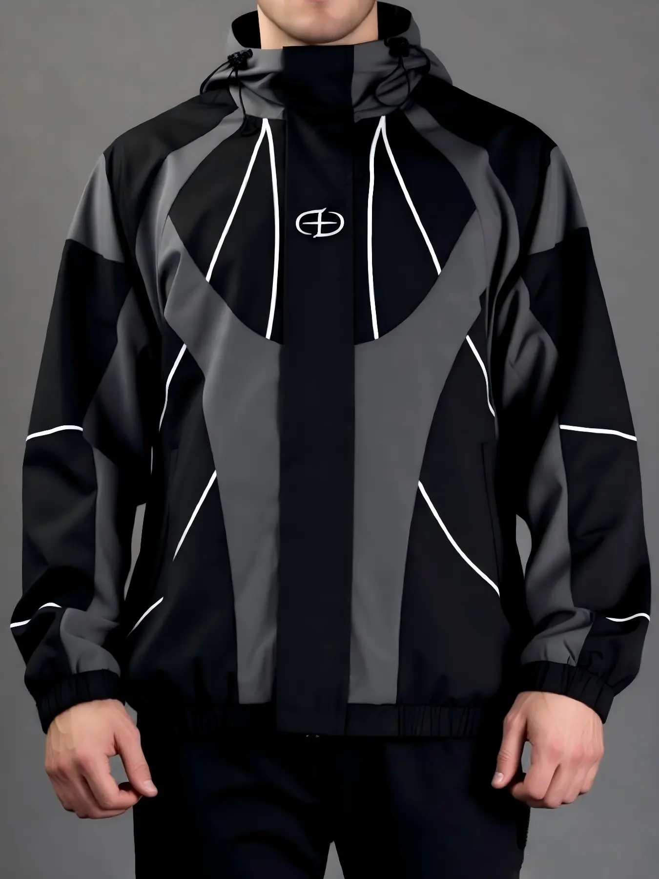 Men's Colorblock Hooded Windbreaker Jacket, Geometric Zipper Design, Lightweight Outdoor Windproof Coat, Fall Streetwear Sports Jacket