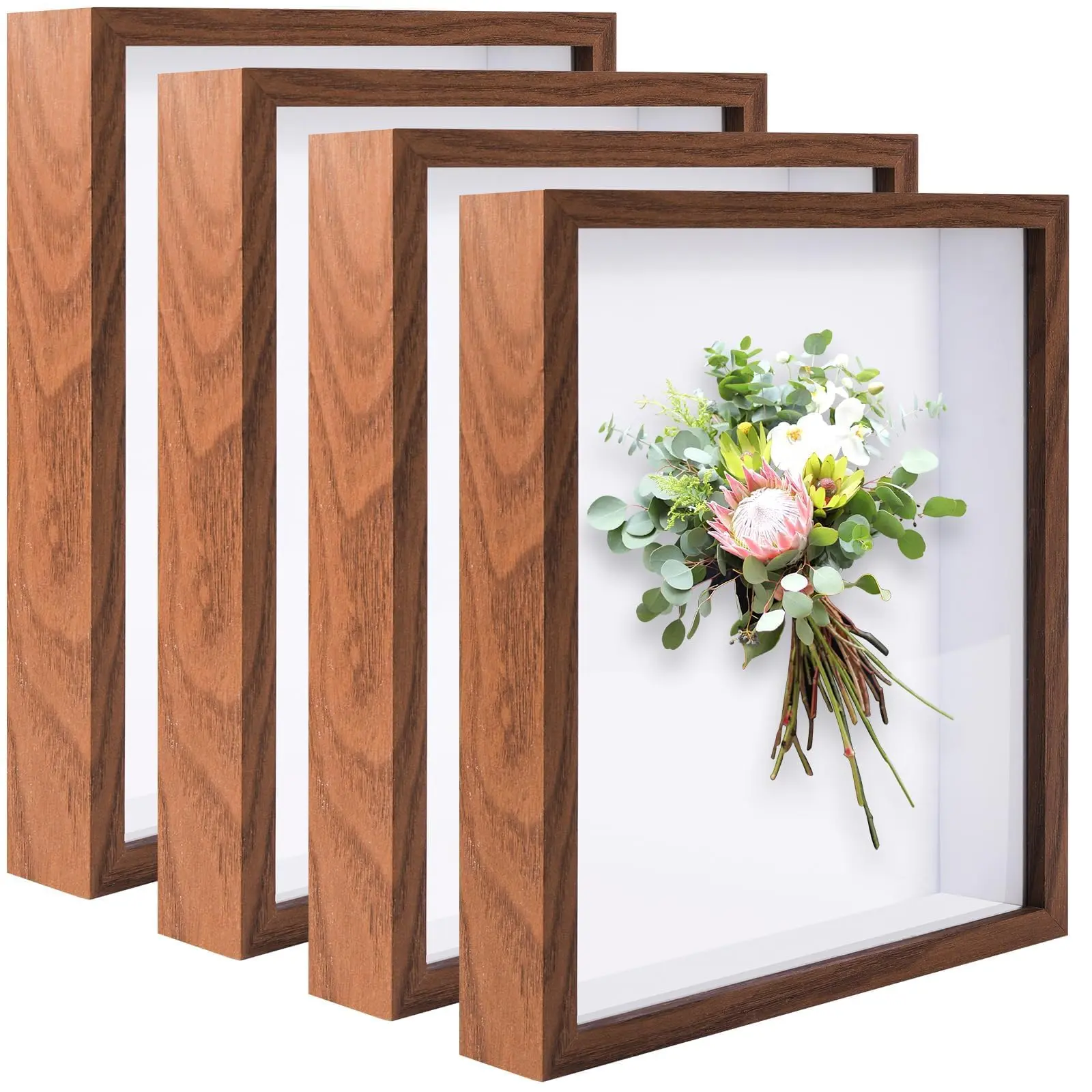 Wooden Shadow Box Frames in multiple sizes including 8x10 and 10x12 inches, featuring 3cm deep cases ideal for 3D displays, available in single and 4-pack sets for versatile rustic and standard decor