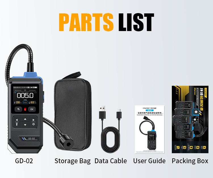 FNIRSI GD-02 Portable Gas Leak Detector 50000PPM Color Screen Display Methane LPG Detection with 36cm Probe 3 Alarms for Home Security System