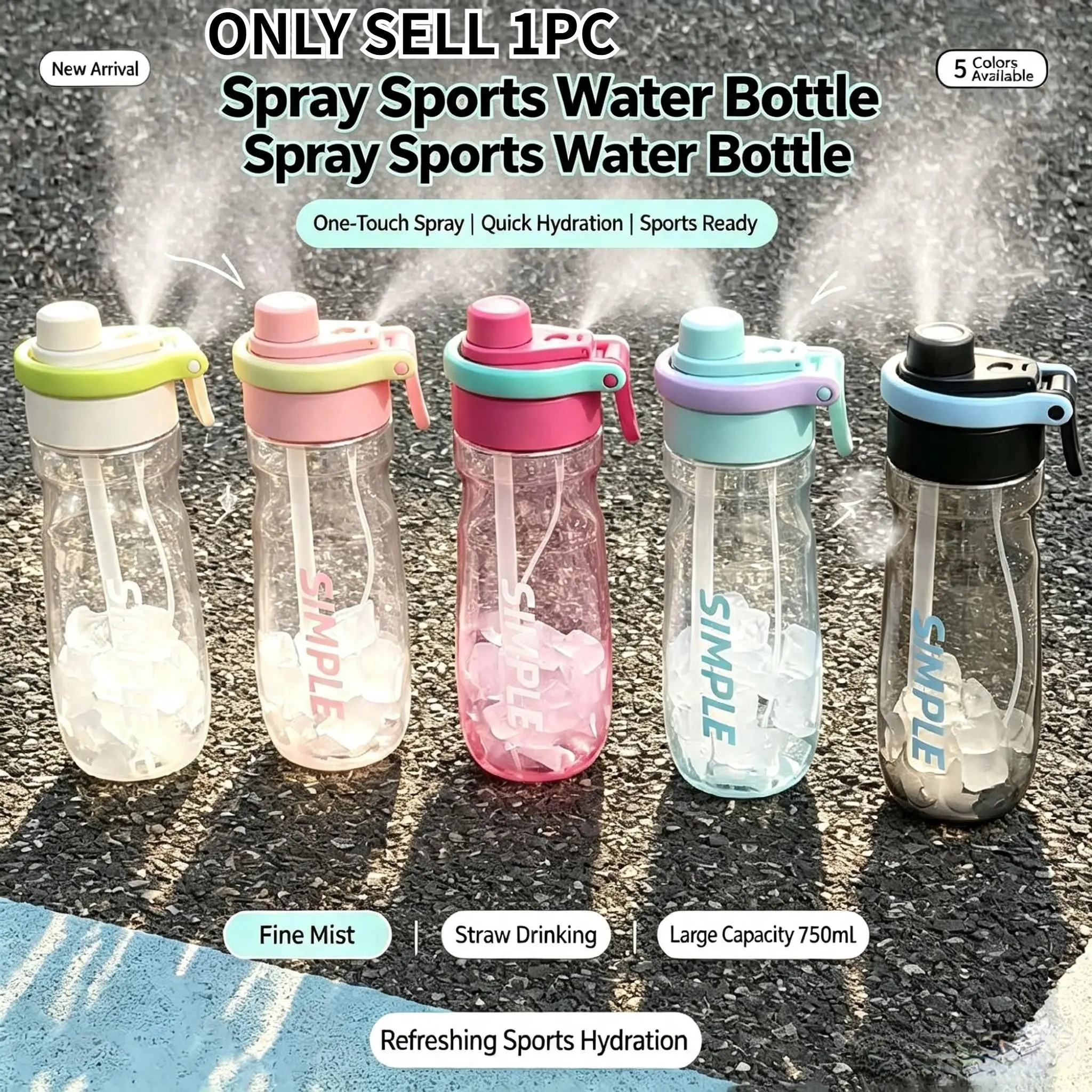 Simple Dual-Use Spray Water Bottle, 750ML Large Capacity Portable Plastic Cup, Outdoor Camping Fitness Cooler, Gift Idea