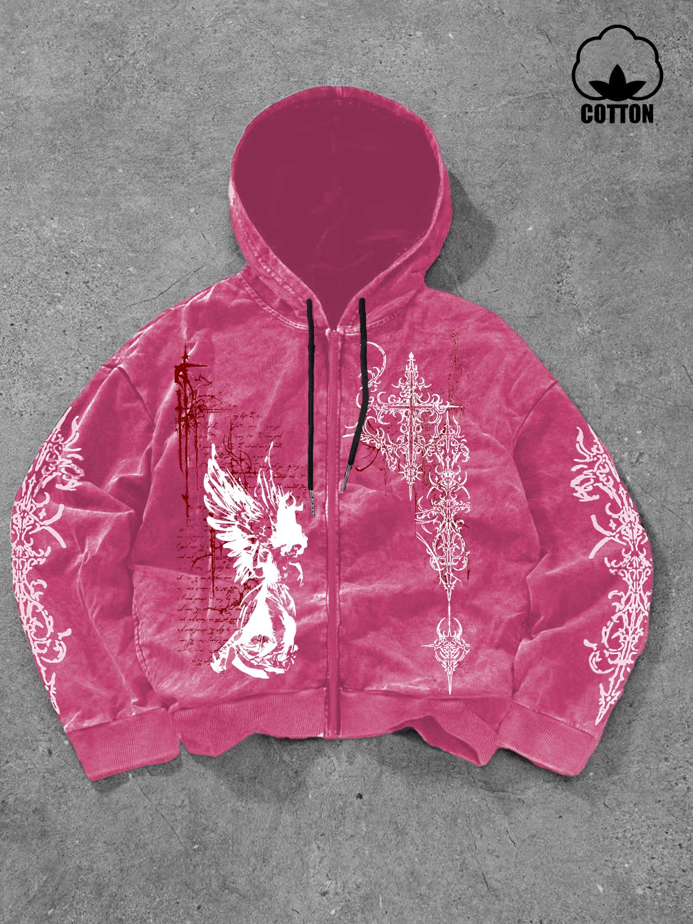 Men's Washed Cotton Hoodie Cardigan, Gothic Print, Casual Fitted Long Sleeve Pullover, Sweatshirts, Fall & Winter Fashion, Comfortable and Stylish