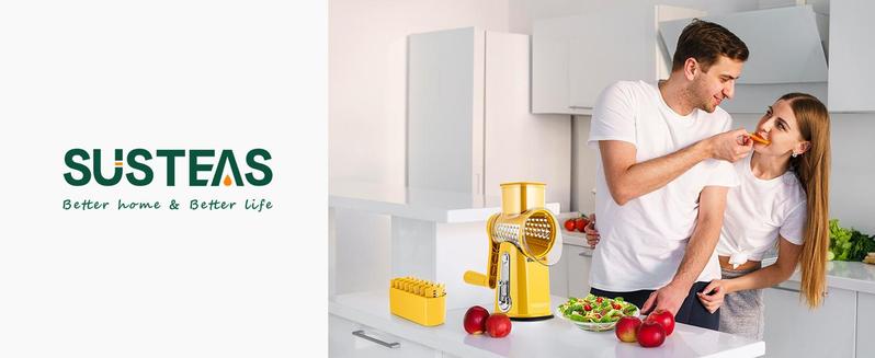 SUSTEAS Yellow Rotary Vegetable Slicer – 5 BPA-Free Stainless Steel Blades, Easy-Grip Handle & Dishwasher Safe for Effortless Prep Ergonomic Grater with Suction Base