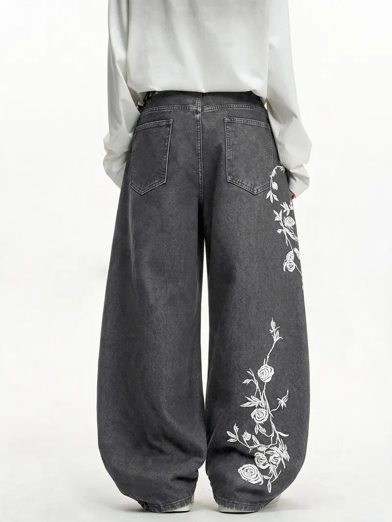 Men's Rose Embroidered Wide Leg Jeans, Vintage Washed Loose Fit Streetwear, Trendy Hip-Hop Long Pants, All Seasons Fashion