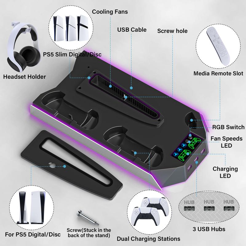 Cooling Stand for PS5 with Dual Controller Charging Base for PS5 Console Disc/Digital, 3 Levels Cooling Fan 3 USB Hub,  PS5 Accessories