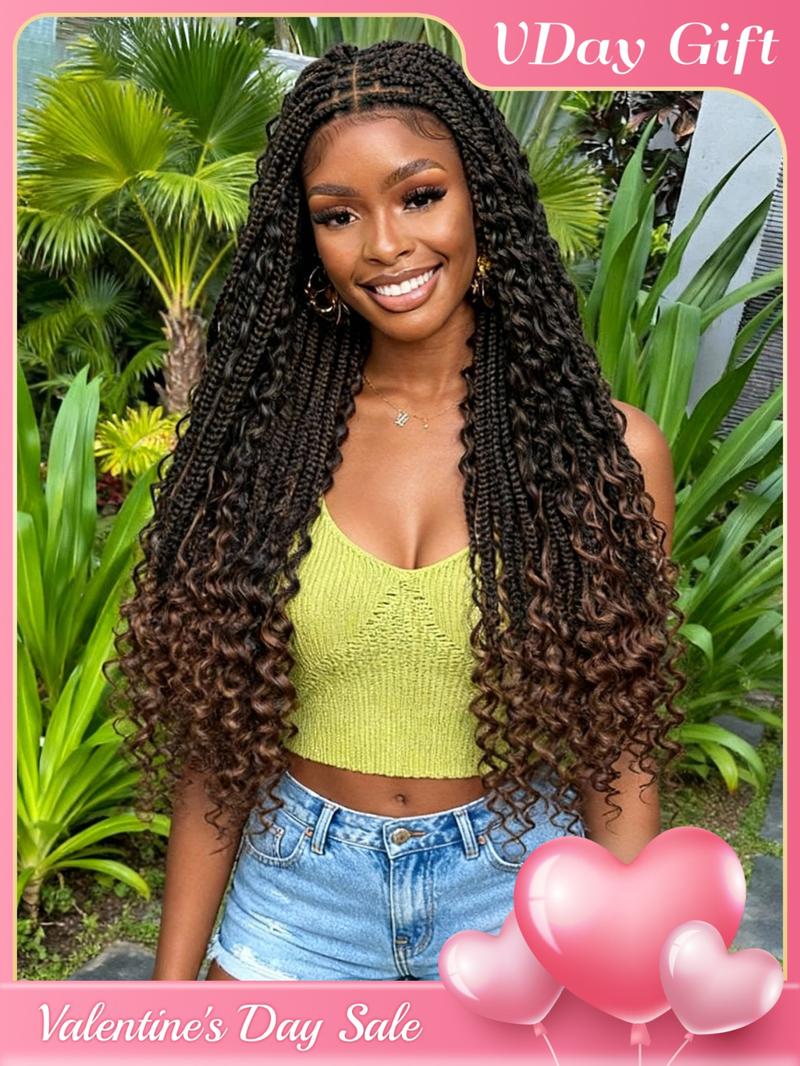 33 Inch Black Full Lace Front Box Braided Wig with Curly Hair Distressed Knotless Braided Wigs for Women, Synthetic Braided Lace Wigs for Party, Daily Use, Wigs That Look Like Real Hair, Kinky Curly Wigs
