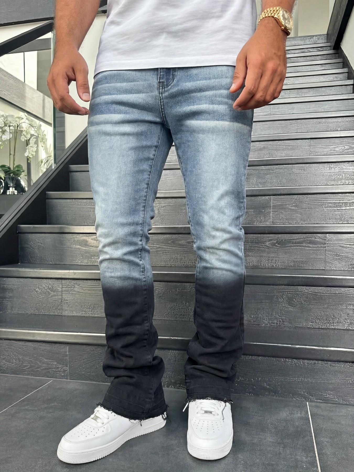 Men's Slim Fit Elastic Straight Leg Denim Jeans, Vintage Washed Distressed Gradient Streetwear Street Style, All-Season Fashion Pants