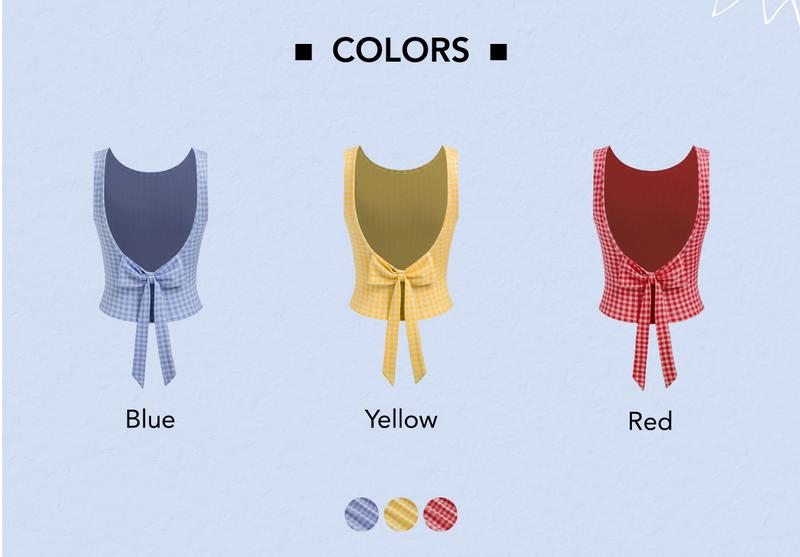 Cider [3 colors, size 0-24] Boat Neck Gingham Bowknot Backless Crop Tank Top, Boat Neck Summer Women's Tank Top for Date Vacation, High Stretch Cute Crop Tank Top