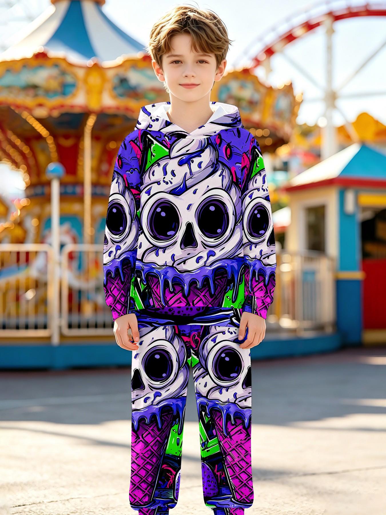 Boys' Creative Skull Ice Cream Full Print Set, Long Sleeve Loose-Fit Sweatpants, Casual Fall & Winter, All over Print Design