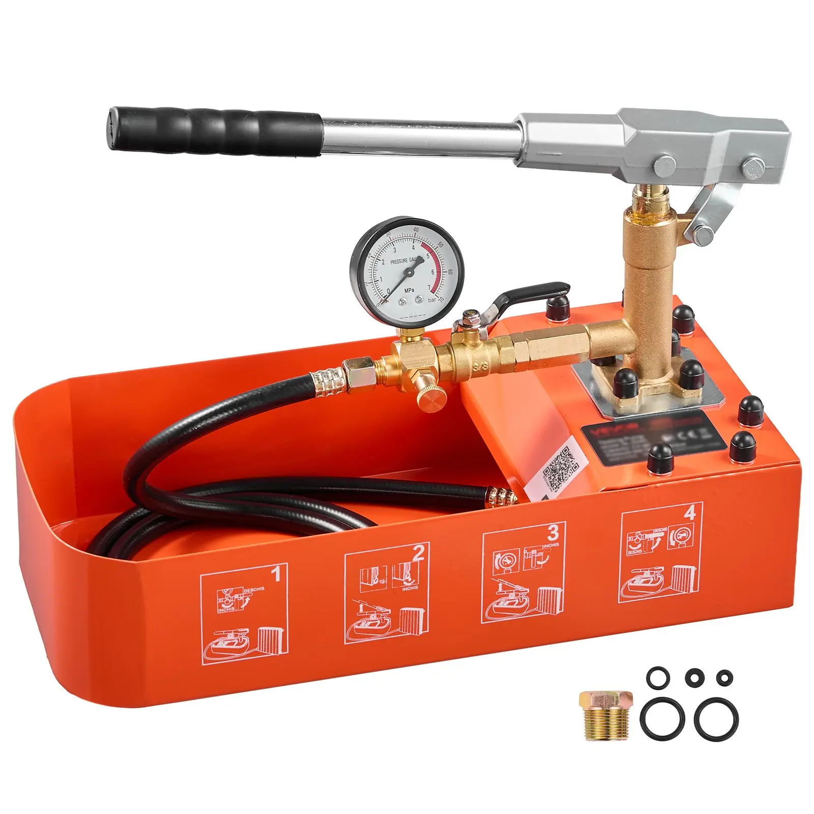 VEVOR Hydrostatic Test Pump 2 Gallon Hydraulic Manual Water Pressure Tester, Single Valve Hydrostatic Water Pipe Leakage Pressure Test Pump Kit with Gauge & Tank, 0-50 Bar Range, for Pipeline Heating
