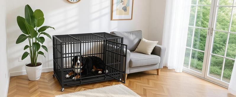 48” Heavy Duty Indestructible Dog Crate, High Anxiety Dog Crate, Escape Proof Dog Cage Kennel with 4 Lockable Wheels, Double Sturdy Locks, Double Door and Removable Tray Design, for Large Dogs