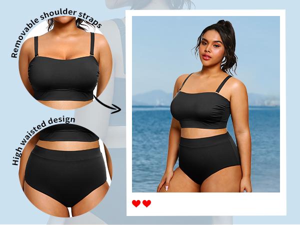 Tempt Me Women Plus Size Swimsuit Plus Size High Waisted Bikini Bandeau Two Piece Swimsuit with Adjustable Straps Strapless Swimsuit Full Coverage Bikini Sets for Women High Wasted Bath Suits Tummy Control