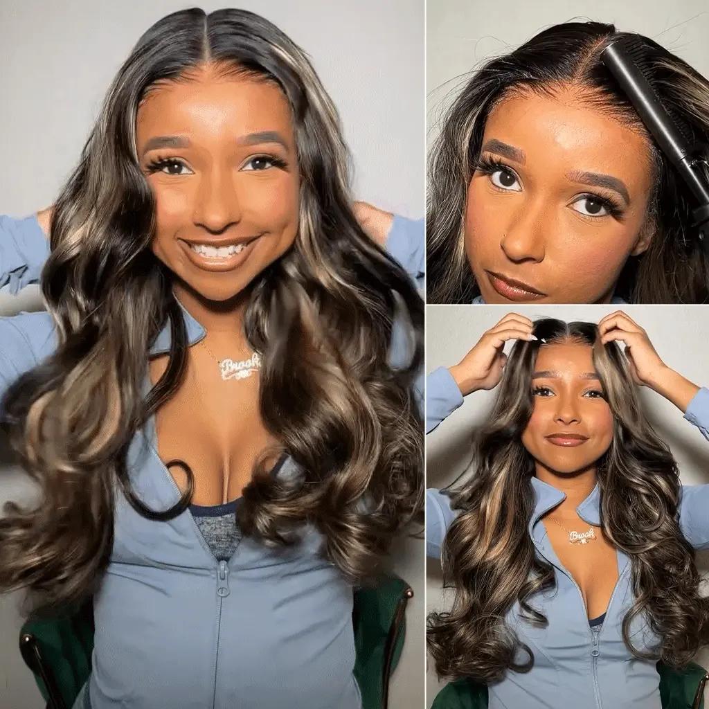 Highlight Ombre Lace Front Wig Human Hair Wear To Go Wig Pre Cut 5x5 Lace Closure Wigs Blended Hair Body Wave Lace Front Wigs Pre Plucked 5x5 Glueless Lace Wig P1B/27 Brown Highlight Wig 200 Density Colored 26 Inch Balayage Wigs for Women