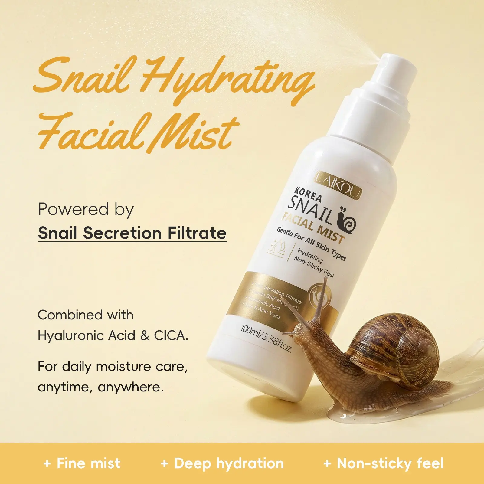 Snail Mucus Hydrating Mist 100ML, Daily Intense Moisturizing, Soothes Dry Skin, Lightweight Non-Greasy, Portable, All-Day Hydration，it locks in deep moisture, strengthens the skin barrier, and leaves a silky, smooth, glass-skin glow.