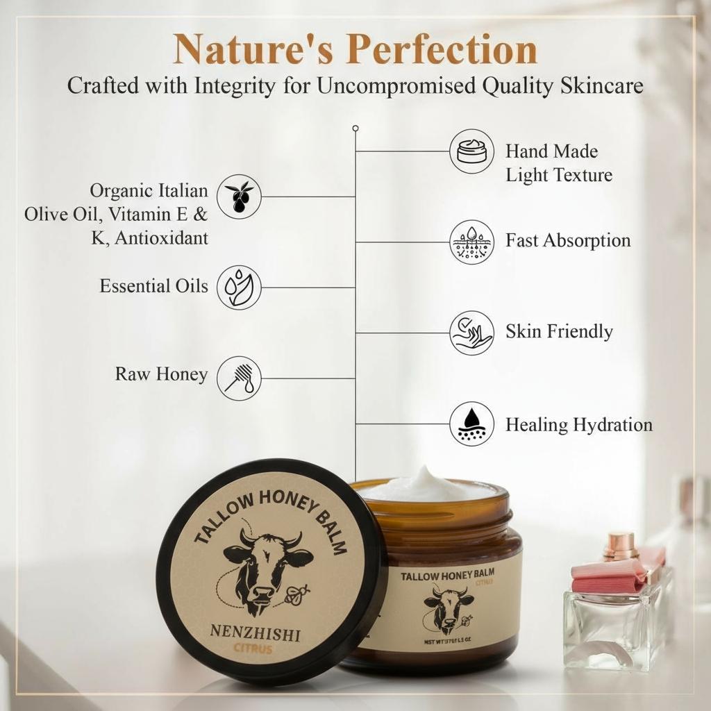 Organic Grass-Fed Beef Tallow Balm with Raw Honey - Handmade All-Natural Moisturizer for Soft, Smooth, Radiant Skin Hydrating Balm