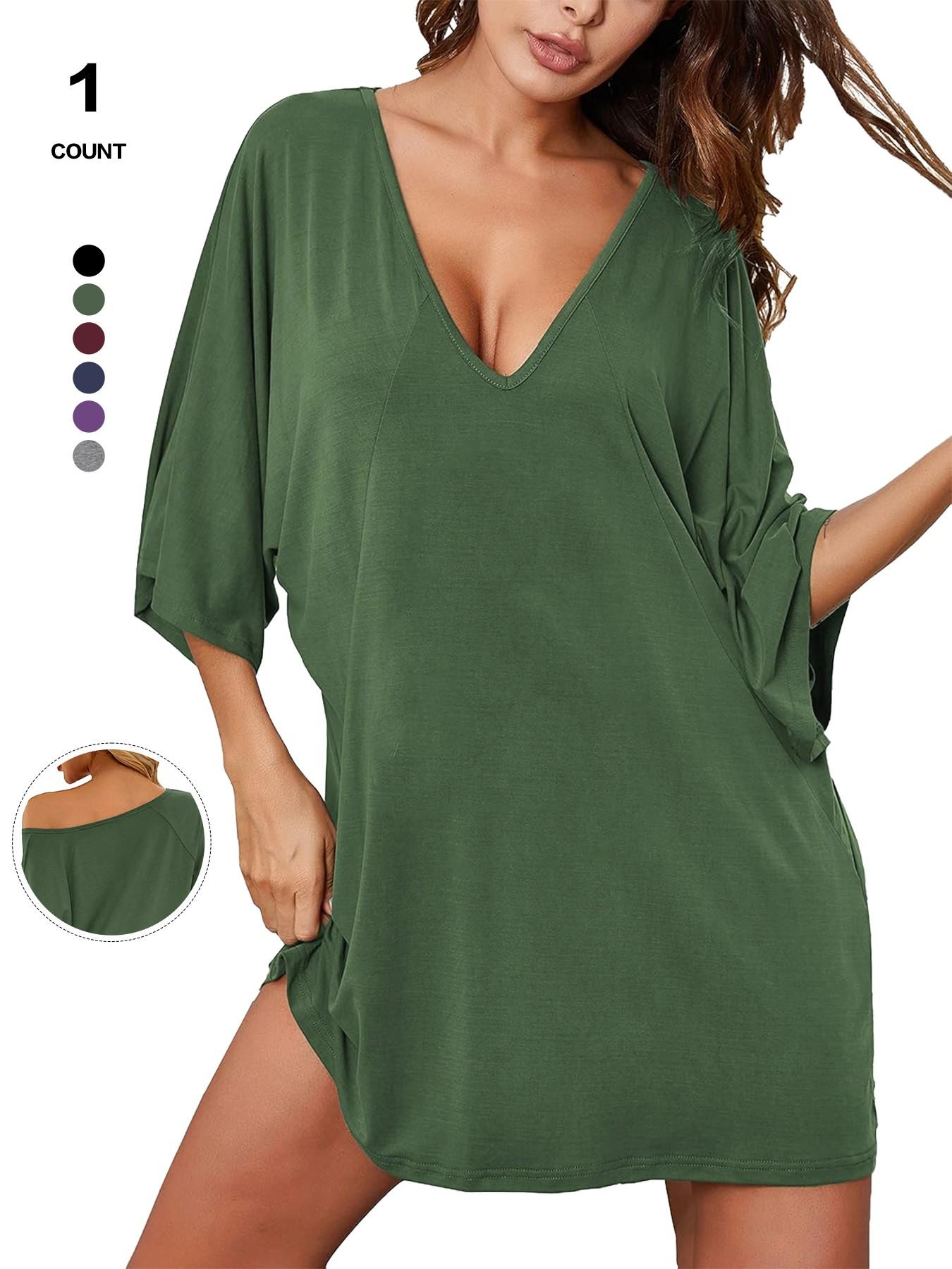 2026 Women's Sleepshirt Deep V Neck Nightgown Batwing Nightshirt Oversized Sleepwear