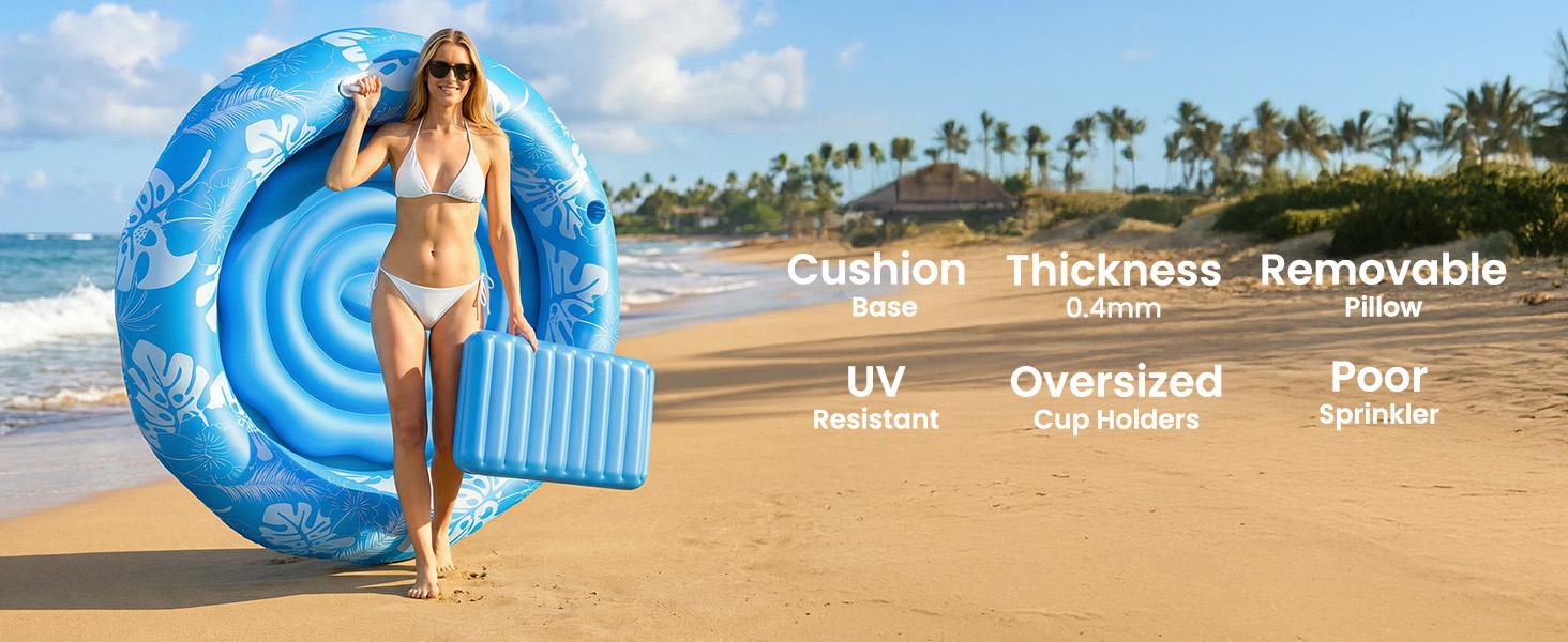 DSQUU XL-Inflatable Tanning Pool Lounger Float with Sprinkler, 72"x65" Round Pool Float Adults with Pillow XL Cup Holder Handle Blow Up Tanning Bed for Summer Sunbathing Water Lounge Party Gifts, Blue