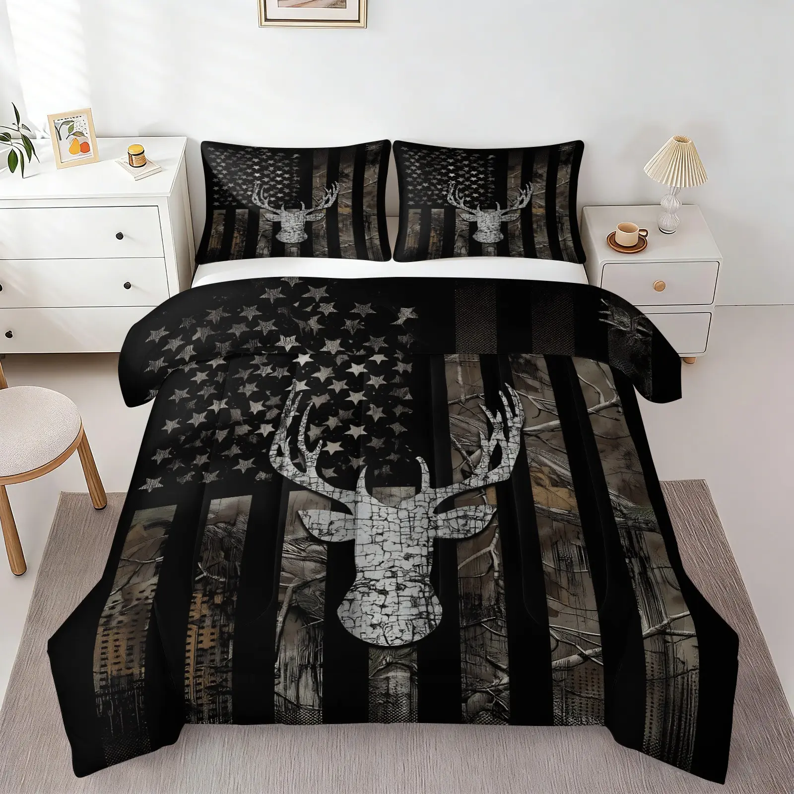 2/3Pcs Camo American Flag Deer Head Comforter Set, Vintage Hunting Theme Bedding Set, Soft Microfiber 1 Quilt & 1/2 Pillowcase, Rustic Wildlife Bedroom Decor for Men Teens Adults, No Pillow Insert, Decorative Bedding Set