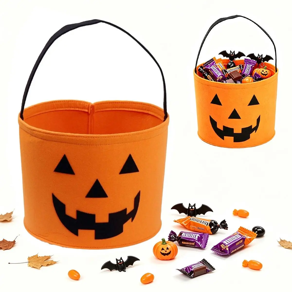 Halloween Pumpkin Buckets, Reusable Large Capacity Halloween Party Storage with Handle Felt Pumpkin Treat Candy Gift Baskets for Halloween Party Favor Supplies