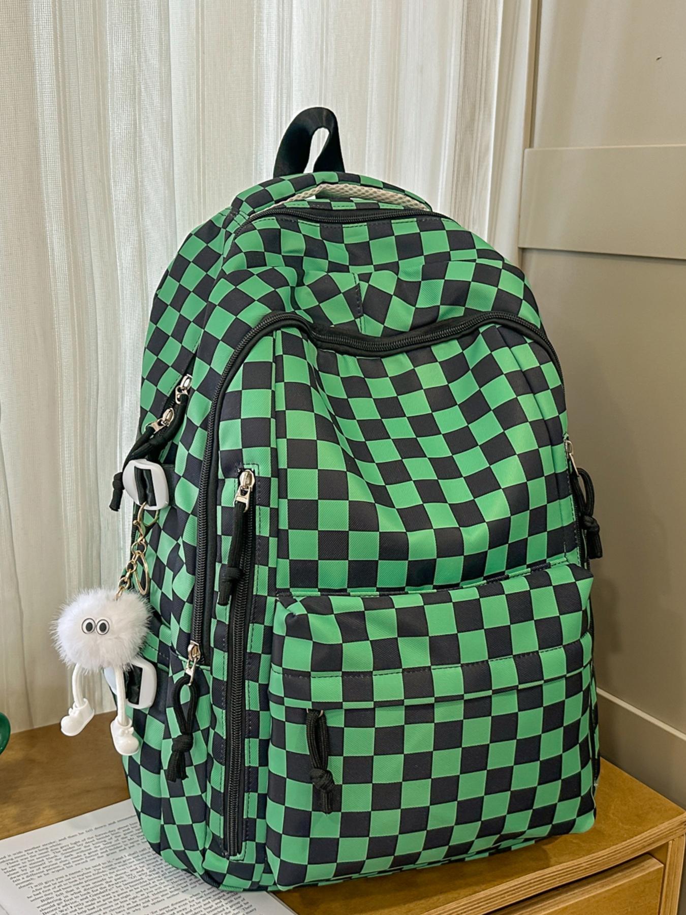 1pc  Women's backpack with large capacity, zipper closure, checkered pendant, fashionable and versatile, suitable for students to go to school, campus, go to work, commute, women's backpack, Plaid Pattern Backpack