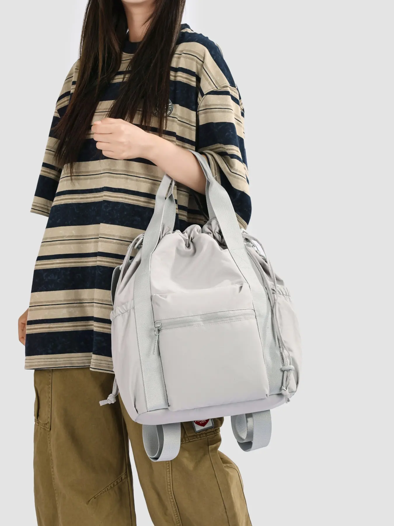 1pc Light Grey Drawstring Multiway Tote Bag Korean Casual Front Zip Pocket 3 Ways Handheld Backpack Crossbody Bag For Women School Commute Travel Storage Bag