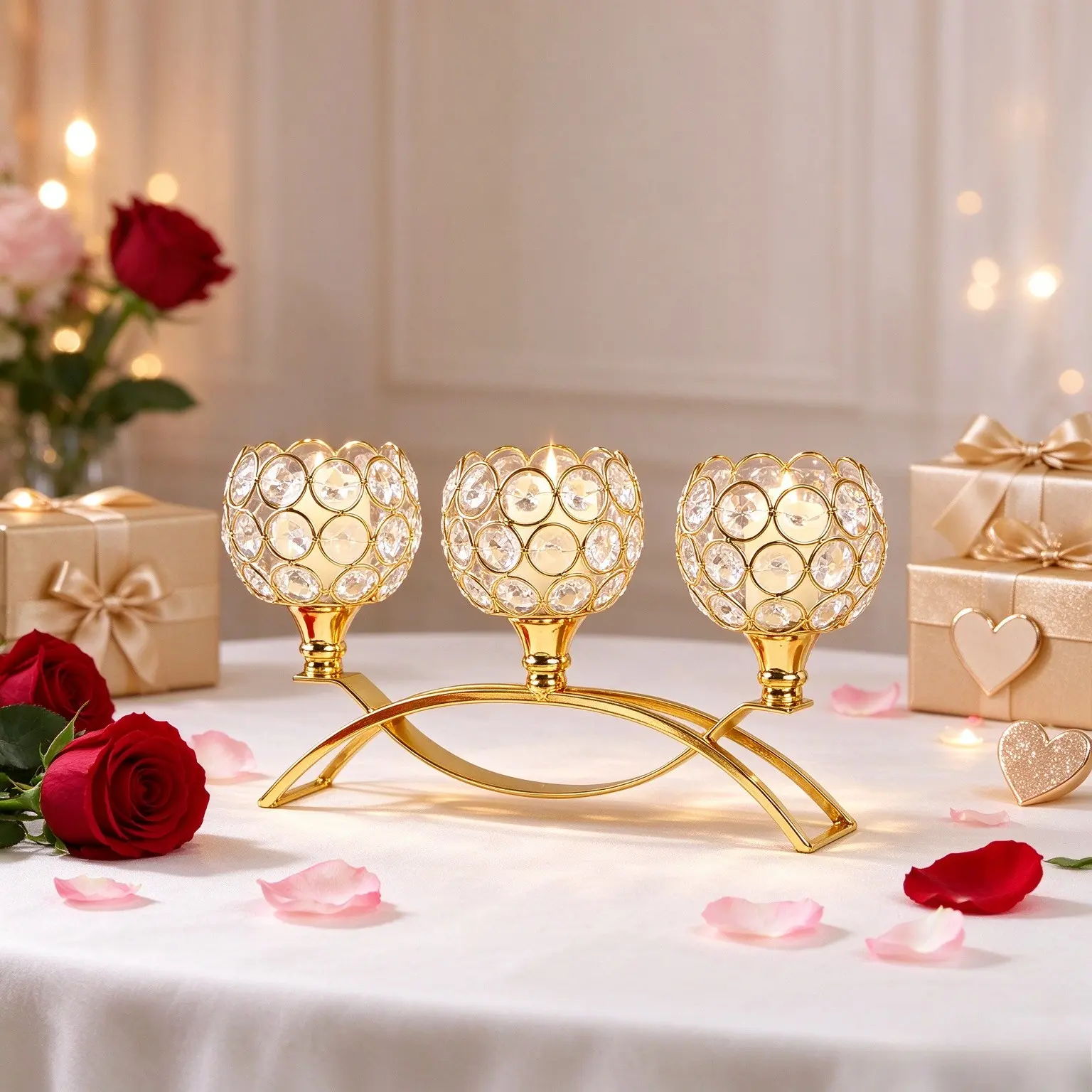 Crystal Three-Headed Arched Candle Holder, Luxury Cup-Shaped Candle Stand, Wedding Table Centerpiece, Gold Color, Romantic Ambiance, Candle Holders For Table Centerpiece
