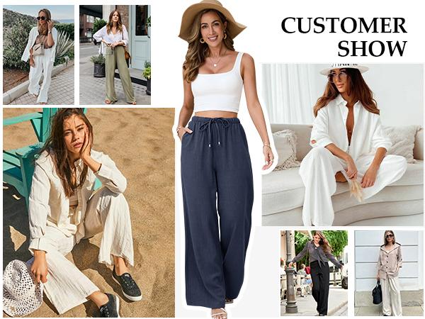 UMIPUBO Womens Linen Pants Casual Wide Leg Pants Summer Palazzo Pants Loose Flowy Beach Pants Drawstring Elastic Trousers